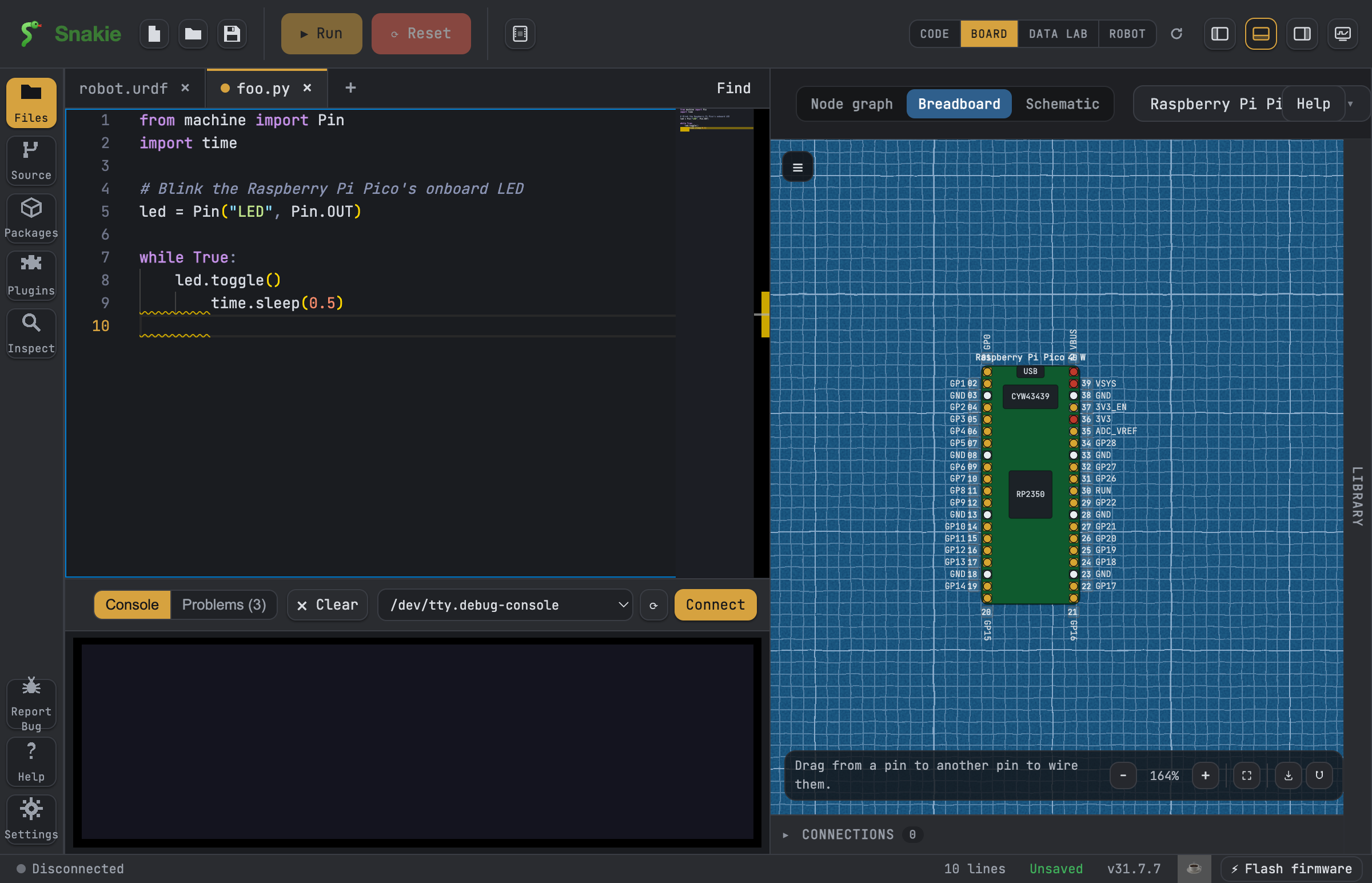 The Board View: your code on the left, the drawn board on the right