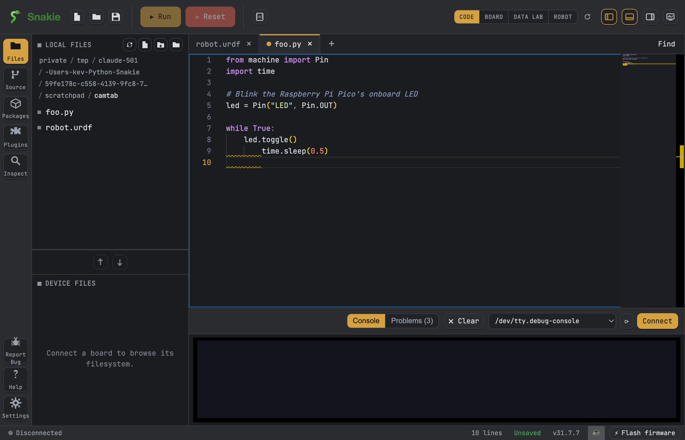 The blink program in the Snakie editor, ready to Run
