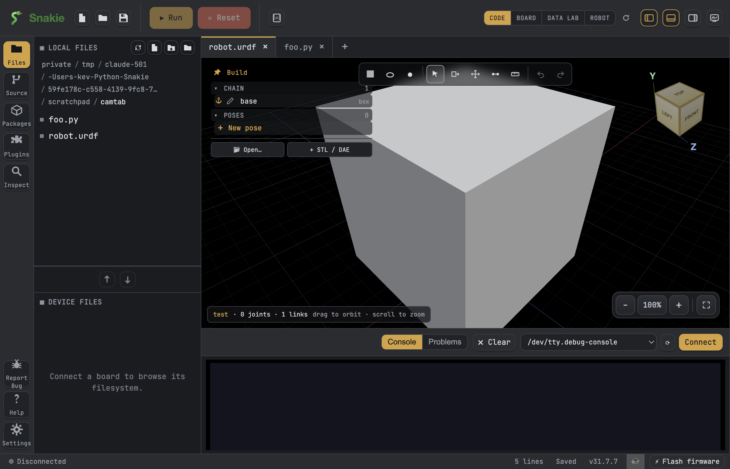 A robot part in the 3-D Robot View, with the Chain panel